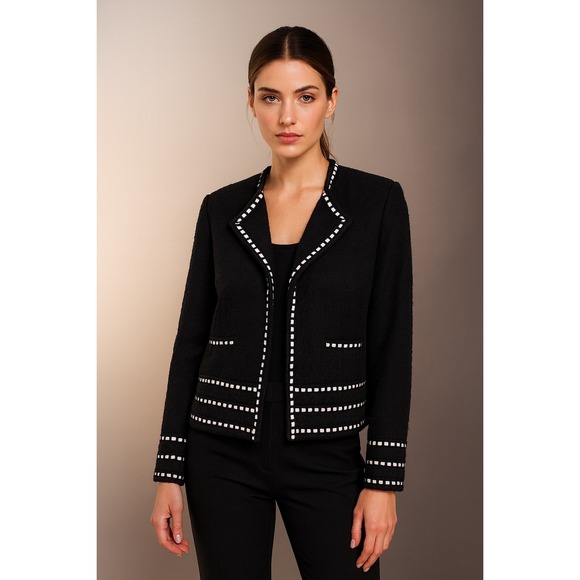 Vintage Anne Carson Black Silk Tweed Boucle Cropped Jacket XL Chanel Style Chic - Picture 1 of 13